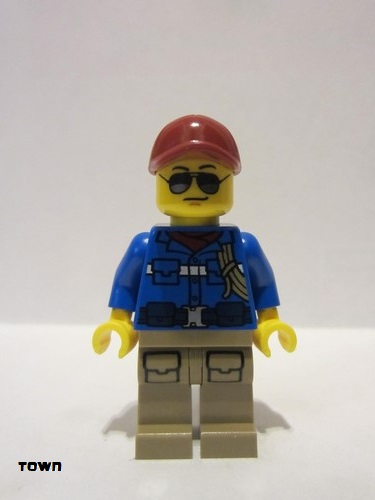 lego 2021 mini figurine cty1303 Wildlife Rescue Ranger Male, Blue Shirt with 'RESCUE' Pattern on Back, Dark Red Cap, Dark Tan Legs with Pockets 