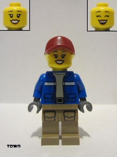 lego 2021 mini figurine cty1305 Wildlife Rescue Explorer Female, Blue Jacket, Dark Tan Legs with Pockets, Dark Red Cap, Bright Light Yellow Hair 