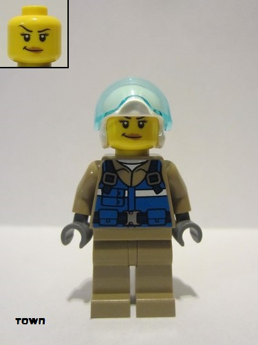 lego 2021 mini figurine cty1307 Wildlife Rescue Pilot Female, Blue Vest, White Helmet, Dark Tan Legs, Smirk 