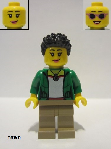 lego 2021 mini figurine cty1321 Citizen Female with Green Jacket, Dark Tan Legs, Short Black Coiled Hair 