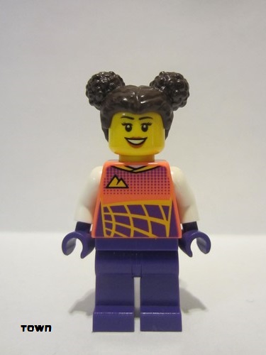lego 2021 mini figurine cty1331 Stuntz Driver Dark Brown Hair, Coral Race Suit, Dark Purple Legs 