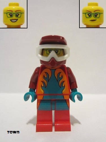 lego 2021 mini figurine cty1351 Stuntz Driver Wheelie Stunt, Dark Red Dirtbike Helmet, Red Legs, Dark Turquoise and Orange Flames 