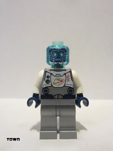 lego 2021 mini figurine twn401 Cyber Drone Robot Flat Silver Spacesuit with Harness and White Panel with Classic Space Logo, Trans-Light Blue Head 