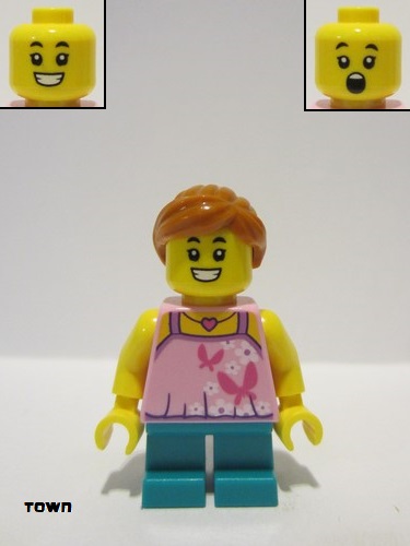 lego 2021 mini figurine twn408 Tourist Girl, Bright Pink Top with Butterflies and Flowers, Dark Turquoise Short Legs, Dark Orange Hair 