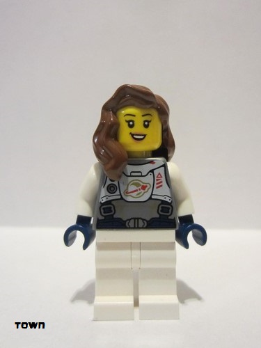 lego 2021 mini figurine twn411 Astronaut Female, Flat Silver Spacesuit with Harness and White Panel with Classic Space Logo, Reddish Brown Hair 