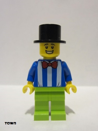 lego 2021 mini figurine twn413 Fairground Worker Male, White Stripes and Red Bow Tie, Lime Legs, Black Top Hat 