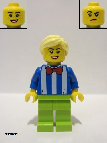 lego 2021 mini figurine twn414 Fairground Worker Female, White Stripes and Red Bow Tie, Lime Legs, Bright Light Yellow Hair 
