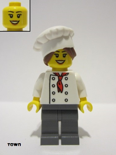 lego 2022 mini figurine chef028 Chef White Torso with 8 Buttons, Dark Bluish Gray Legs, Hair in Bun 