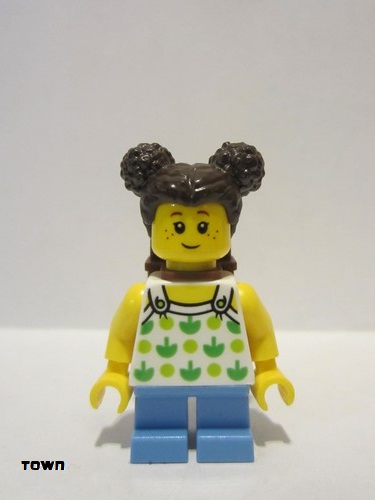 lego 2022 mini figurine cty1333 Girl Leaf Tank Top, Dark Brown Side Buns, Backpack, Medium Blue Short Legs 