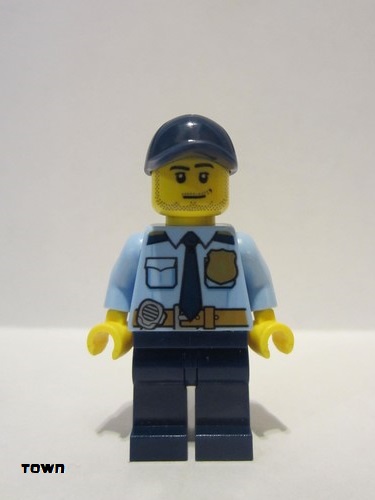 lego 2022 mini figurine cty1334 Police - City Shirt with Dark Blue Tie and Gold Badge, Dark Tan Belt with Radio, Dark Blue Legs, Dark Blue Cap with Hole, Stubble Beard 