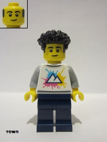 lego 2022 mini figurine cty1340 Citizen Male, White Shirt with Mountains, Dark Blue Legs, Black Coiled Hair 
