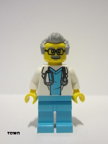 lego 2022 mini figurine cty1341 Doctor Male, White Lab Coat with Stethoscope, Medium Azure Scrubs, Light Bluish Gray Hair, Glasses 