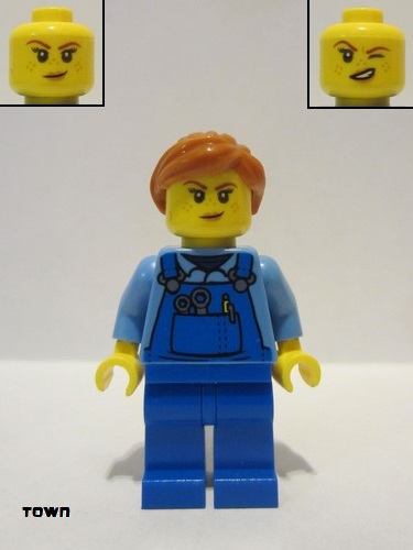lego 2022 mini figurine cty1348 Janitor Female, Medium Blue Shirt and Blue Overalls, Blue Legs, Dark Orange Hair 