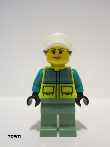 lego 2022 mini figurine cty1349 Ambulance Driver Female, Dark Turquoise and Neon Yellow Safety Vest, Sand Green Legs 