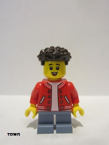 lego 2022 mini figurine cty1352 Boy Red Jacket with Striped Trim, Sand Blue Short Legs, Dark Brown Hair 