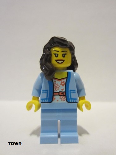 lego 2022 mini figurine cty1354 Citizen Female, White Shirt with Coral Flowers, Bright Light Blue Jacket and Legs, Dark Brown Hair 