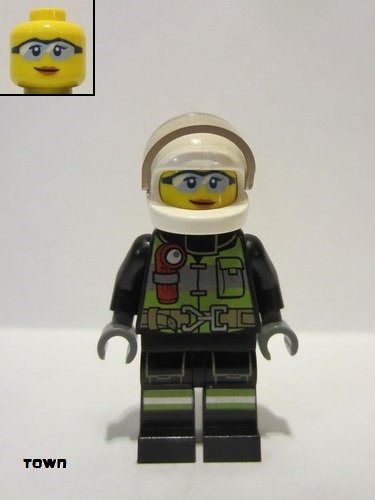 lego 2022 mini figurine cty1355 Fire Fighter Reflective Stripes with Utility Belt and Flashlight, White Helmet, Trans-Black Visor, Safety Glasses, Peach Lips Closed Mouth Smile 