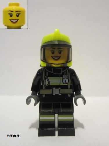 lego 2022 mini figurine cty1357 Fire Fighter Female - Reflective Stripes with Utility Belt, Black Legs, Neon Yellow Fire Helmet, Trans-Black Visor 