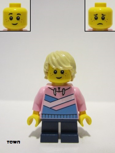lego 2022 mini figurine cty1361 Citizen Bright Pink Hoodie, Medium Blue and White Diagonal Stripes, Dark Blue Short Legs, Tan Hair, Freckles, Smile 