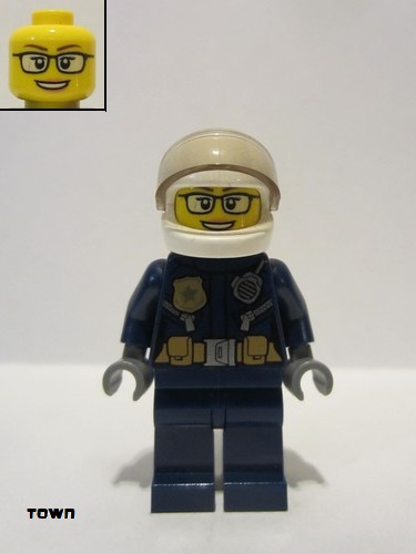 lego 2022 mini figurine cty1363 Police - City Motorcyclist Female, Leather Jacket with Gold Badge and Utility Belt, White Helmet, Trans-Black Visor, Glasses, and Open Mouth Smile 