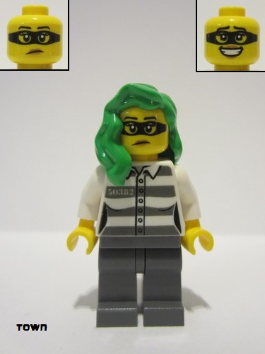 lego 2022 mini figurine cty1364 Police - Jail Prisoner 50382 Prison Stripes, Female, Dark Bluish Gray Legs, Frown with Black Mask, Green Hair 