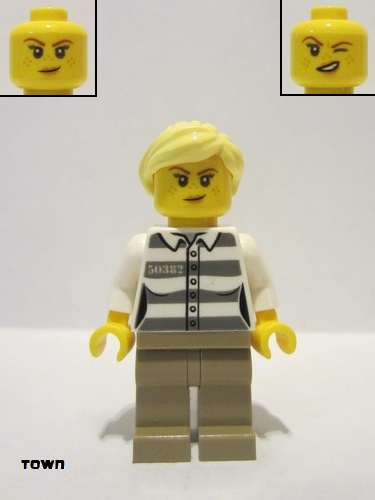 lego 2022 mini figurine cty1368 Police - Jail Prisoner 50382 Prison Stripes, Female, Dark Tan Legs, Smirk with Peach Lips, and Bright Light Yellow Ponytail 