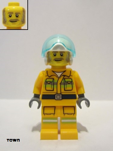 lego 2022 mini figurine cty1369 Fire Reflective Stripes, Bright Light Orange Suit, White Helmet, Dark Tan and Gray Beard 