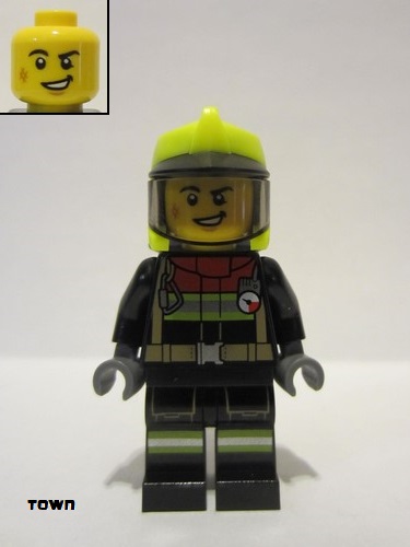 lego 2022 mini figurine cty1370 Fire Reflective Stripes, Black Legs and Jacket with Dark Red Collar, Neon Yellow Fire Helmet, Trans-Black Visor 