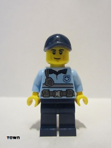 lego 2022 mini figurine cty1373 Police - City Officer Bright Light Blue Shirt with Silver Stripe, Badge and Radio, Dark Blue Legs, Dark Blue Cap, Smirk 