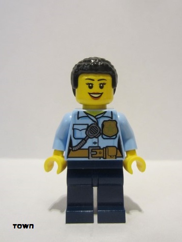 lego 2022 mini figurine cty1381 Police - City Officer Female, Bright Light Blue Shirt with Badge and Radio, Dark Blue Legs, Short Black Curly Hair 