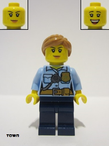 lego 2022 mini figurine cty1384 Police - City Officer Female, Bright Light Blue Shirt with Badge and Radio, Dark Blue Legs, Medium Nougat Hair 
