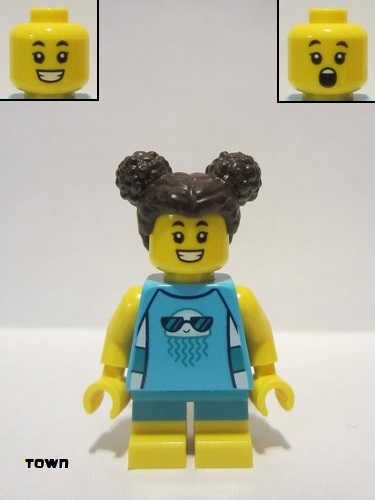 lego 2022 mini figurine cty1386 Girl Medium Azure Sleeveless Jellyfish Shirt, Dark Turquoise Short Legs, Dark Brown Hair 