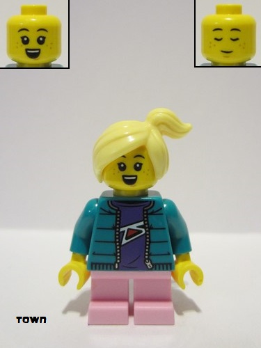 lego 2022 mini figurine cty1392 Girl Dark Turquoise Jacket, Bright Pink Short Legs, Bright Light Yellow Hair 