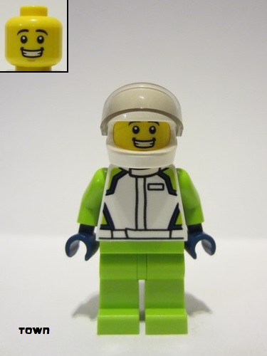 lego 2022 mini figurine cty1400 Race Car Driver Male, White Race Jacket and Helmet, Lime Legs 
