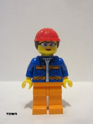 lego 2022 mini figurine cty1402 Construction Worker Female, Blue Open Jacket with Pockets and Orange Stripes, Orange Legs, Red Construction Helmet with Dark Brown Hair 