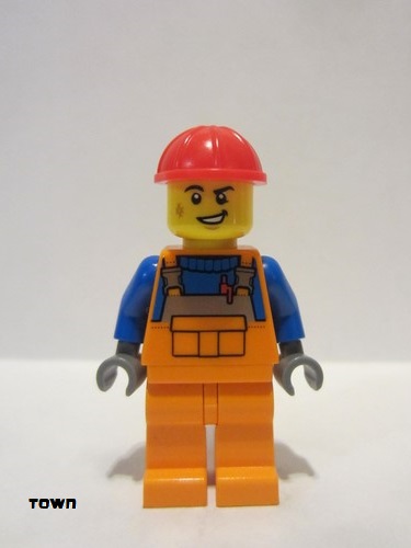 lego 2022 mini figurine cty1403 Construction Worker Male, Orange Overalls with Reflective Stripe and Buckles over Blue Shirt, Orange Legs, Red Construction Helmet 