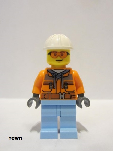 lego 2022 mini figurine cty1404 Construction Worker Male, Orange Safety Jacket, Reflective Stripe, Sand Blue Hoodie, Bright Light Blue Legs, White Construction Helmet, Orange Safety Glasses 