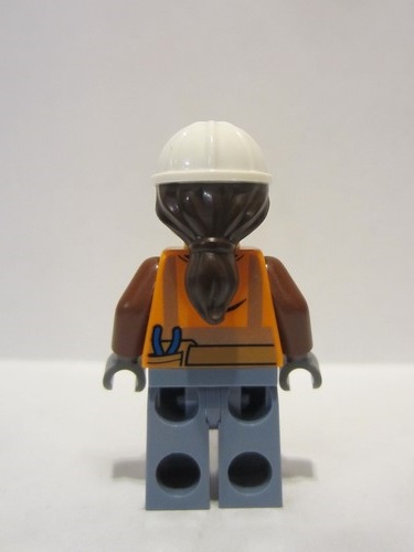 lego 2022 mini figurine cty1405 Construction Worker Female, Orange Safety Vest, Reflective Stripes, Reddish Brown Shirt, Sand Blue Legs, White Construction Helmet with Dark Brown Hair, Glasses 