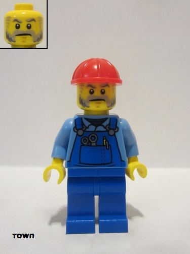 lego 2022 mini figurine cty1406 Mechanic Male with Red Construction Helmet, Beard, Medium Blue Shirt, and Blue Overalls, with Back Print 