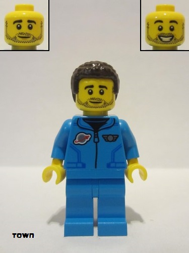 lego 2022 mini figurine cty1412 Lunar Research Astronaut Dark Azure Jumpsuit, Male, Dark Brown Coiled Hair and Stubble 
