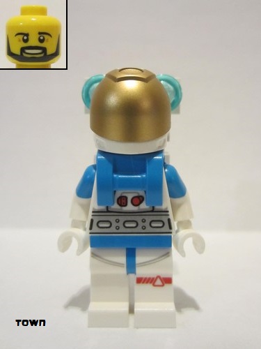 lego 2022 mini figurine cty1414 Lunar Research Astronaut Male, White and Dark Azure Suit, White Helmet, Metallic Gold Visor, Backpack Lights, Beard 