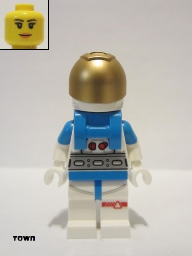 lego 2022 mini figurine cty1423 Lunar Research Astronaut Female, White and Dark Azure Suit, White Helmet, Metallic Gold Visor, Peach Lips Smile 