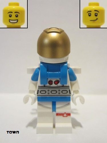 lego 2022 mini figurine cty1424 Lunar Research Astronaut Male, White and Dark Azure Suit, White Helmet, Metallic Gold Visor, Backpack Clips, Open Mouth Smile 