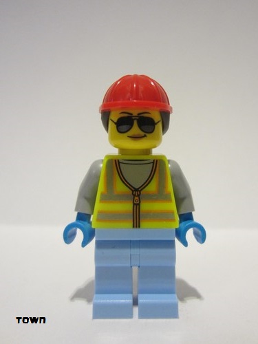 lego 2022 mini figurine cty1425 Space Engineer Female, Neon Yellow Safety Vest, Bright Light Blue Legs, Red Construction Helmet with Dark Brown Hair 