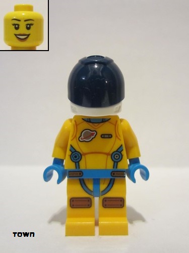 lego 2022 mini figurine cty1430 Lunar Research Astronaut Female, Bright Light Orange and Dark Azure Suit, White Helmet, Dark Blue Visor, Open Mouth Smile 