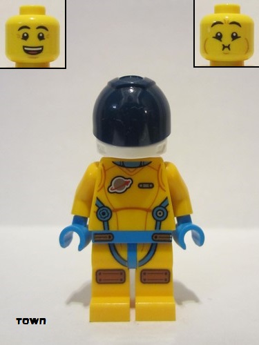 lego 2022 mini figurine cty1431 Lunar Research Astronaut Male, Bright Light Orange and Dark Azure Suit, White Helmet, Dark Blue Visor, Open Mouth Smile 