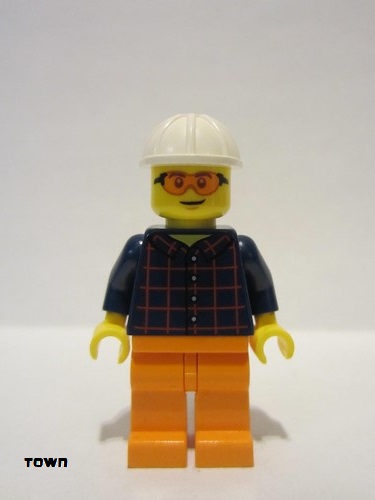 lego 2022 mini figurine cty1435 Construction Worker Male, Dark Blue Plaid Button Shirt, Orange Legs, White Construction Helmet, Orange Safety Glasses 