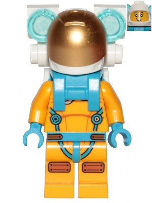 lego 2022 mini figurine cty1436 Lunar Research Astronaut Female, Bright Light Orange and Dark Azure Suit, White Helmet, Metallic Gold Visor, Backpack Lights 