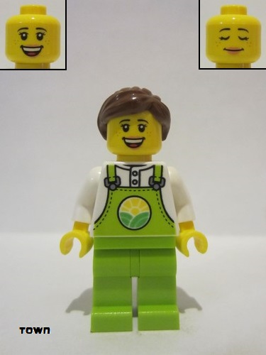 lego 2022 mini figurine cty1437 Farmer Female, Lime Overalls over White Shirt, Lime Legs, Reddish Brown Hair, Freckles 