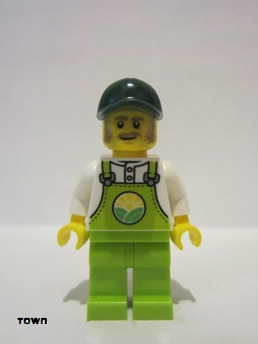 lego 2022 mini figurine cty1438 Farmer Horace Lime Overalls over White Shirt, Lime Legs, Dark Green Cap, Dark Tan Moustache and Sideburns 